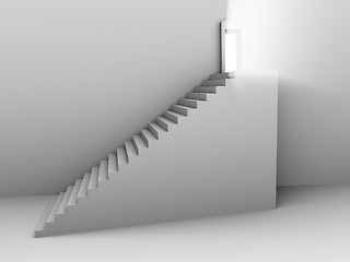 Image showing Monochromic 3d rendered image of stair to opened door with light