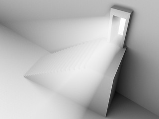 Image showing Monochromic 3d rendered image of stair to opened door with light