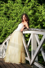 Image showing beautiful bride on the wooden bridge