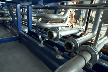 Image showing Pipes, tubes, machinery and steam turbine at a power plant