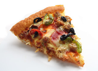 Image showing Slice of pizza supreme over white