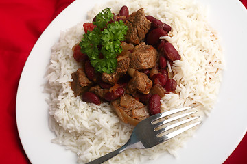 Image showing Chili con carne and rice from above