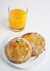 Image showing Gluten free toasted bread and orange juice