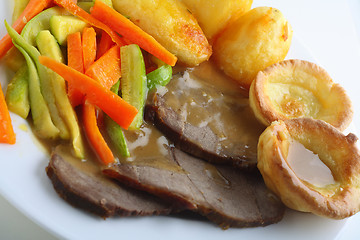 Image showing Roast beef, yorkshires and veg