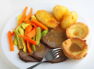 Image showing Roast beef dinner high angle view