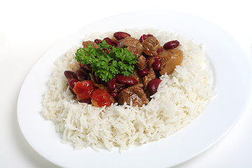 Image showing Chili con carne on rice, white background