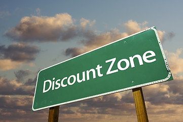 Image showing Discount Zone Green Road Sign and Clouds