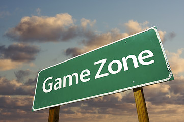 Image showing Game Zone Green Road Sign and Clouds