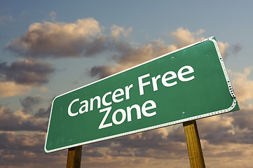 Image showing Cancer Free Zone Green Road Sign and Clouds