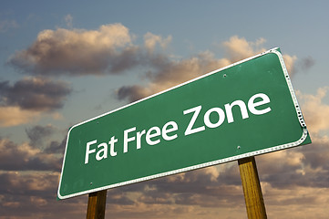 Image showing Fat Free Zone Green Road Sign and Clouds