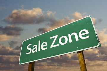 Image showing Sale Zone Green Road Sign and Clouds