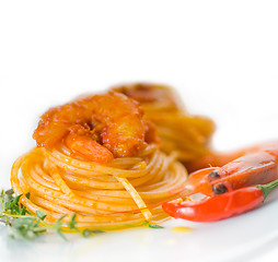 Image showing pasta and spicy shrimps