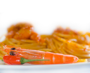 Image showing pasta and spicy shrimps