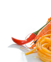 Image showing pasta and spicy shrimps