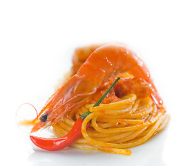 Image showing pasta and spicy shrimps