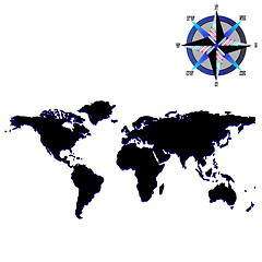 Image showing black world map with wind rose