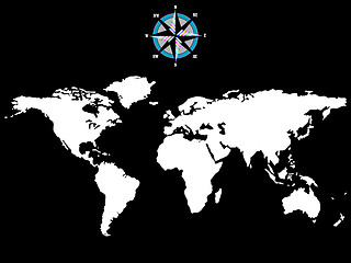 Image showing white world map with wind rose isolated on black background