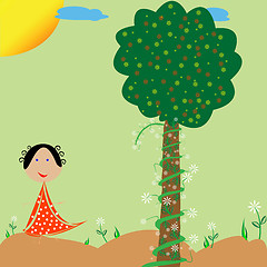 Image showing little girl, flowers and tree