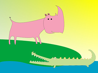 Image showing drawing of a crocodile and rhino