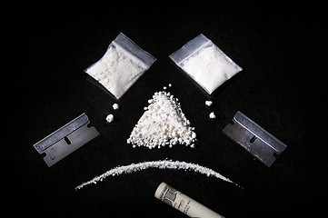 Image showing Composition of Cocaine, razor and rolled bill,  Making Sad Face