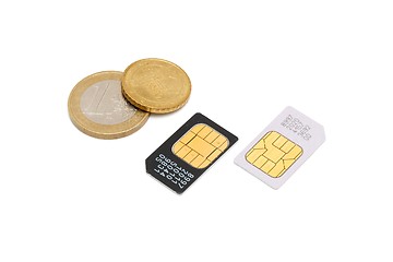 Image showing SIM cards for cellular phones and euro cents