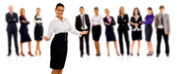Image showing businesswoman welcoming to her team