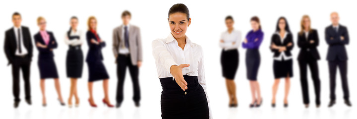 Image showing businesswoman welcoming to her team