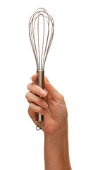 Image showing Woman Holding Egg Beater in the Air Isolated on White