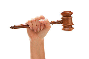 Image showing Woman Holding Wooden Gavel Isolated on White