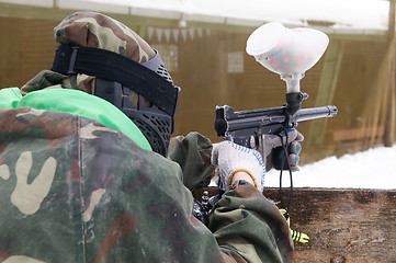 Image showing Aiming Paintball extreme sport game player