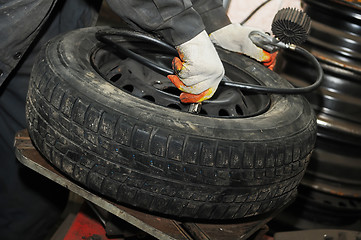 Image showing Checking tyre pressure 