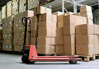 Image showing manual fork pallet truck in warehouse