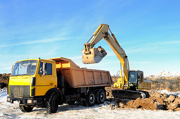 Image showing loader excavator and rear-end tipper