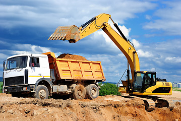 Image showing Excavator loading dumper truck