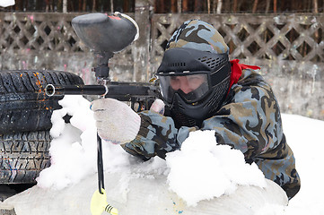 Image showing Paintball player in shooting position