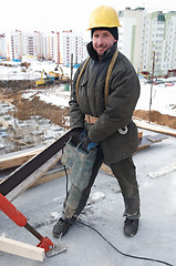 Image showing worker builder and concrete formwork