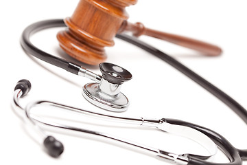 Image showing Black Stethoscope and Gavel on White