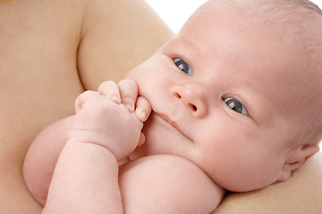 Image showing Cute newborn in mother's hands