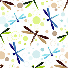 Image showing Seamless white pattern with colorful dragonflies