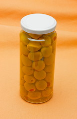 Image showing Pickled olives in glass jar