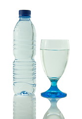 Image showing Bottle and glass of mineral water reflected on white background