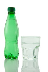 Image showing Bottle and glass of mineral water reflected on white background