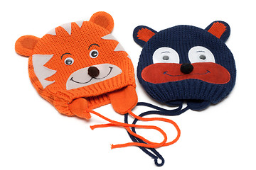 Image showing Two babys knitted hat with pattern