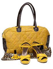 Image showing Feminine bag and pair yellow feminine loafers