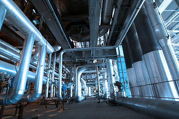 Image showing Pipes, tubes, machinery and steam turbine at a power plant
