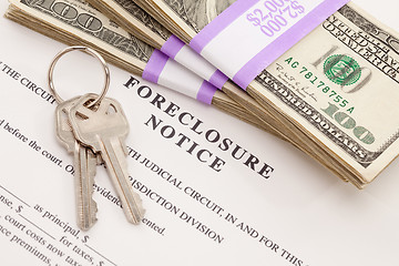 Image showing House Keys, Stack of Money and Foreclosure Notice