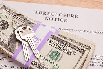 Image showing House Keys, Stack of Money and Foreclosure Notice