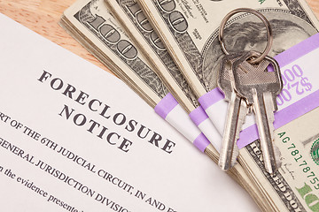 Image showing House Keys, Stack of Money and Foreclosure Notice
