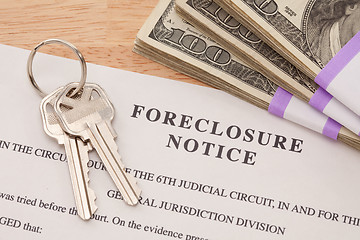 Image showing House Keys, Stack of Money and Foreclosure Notice