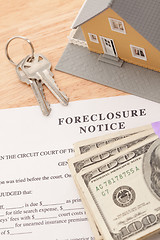 Image showing Foreclosure Notice, Home, House Keys and Stack of Money